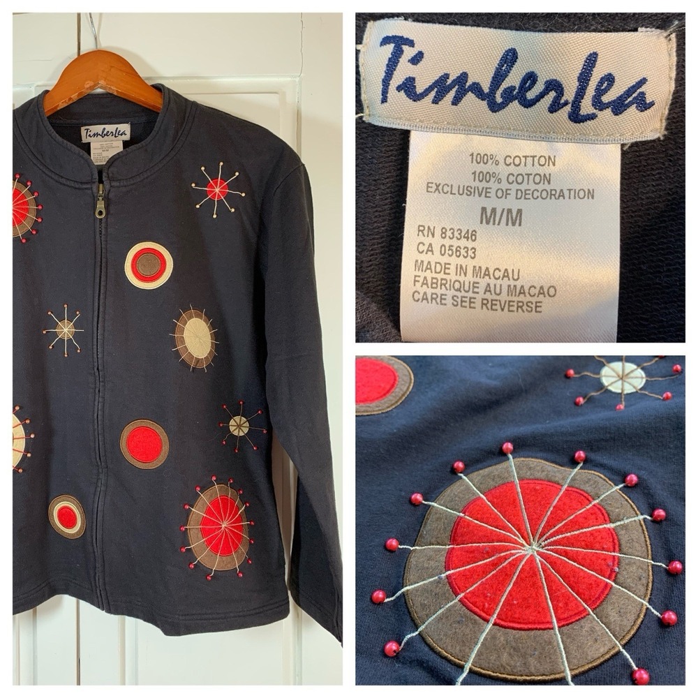 Vtg Timberlea Full Zip Front Sweatshirt Women Medium Black 3D Art To Wear Beaded